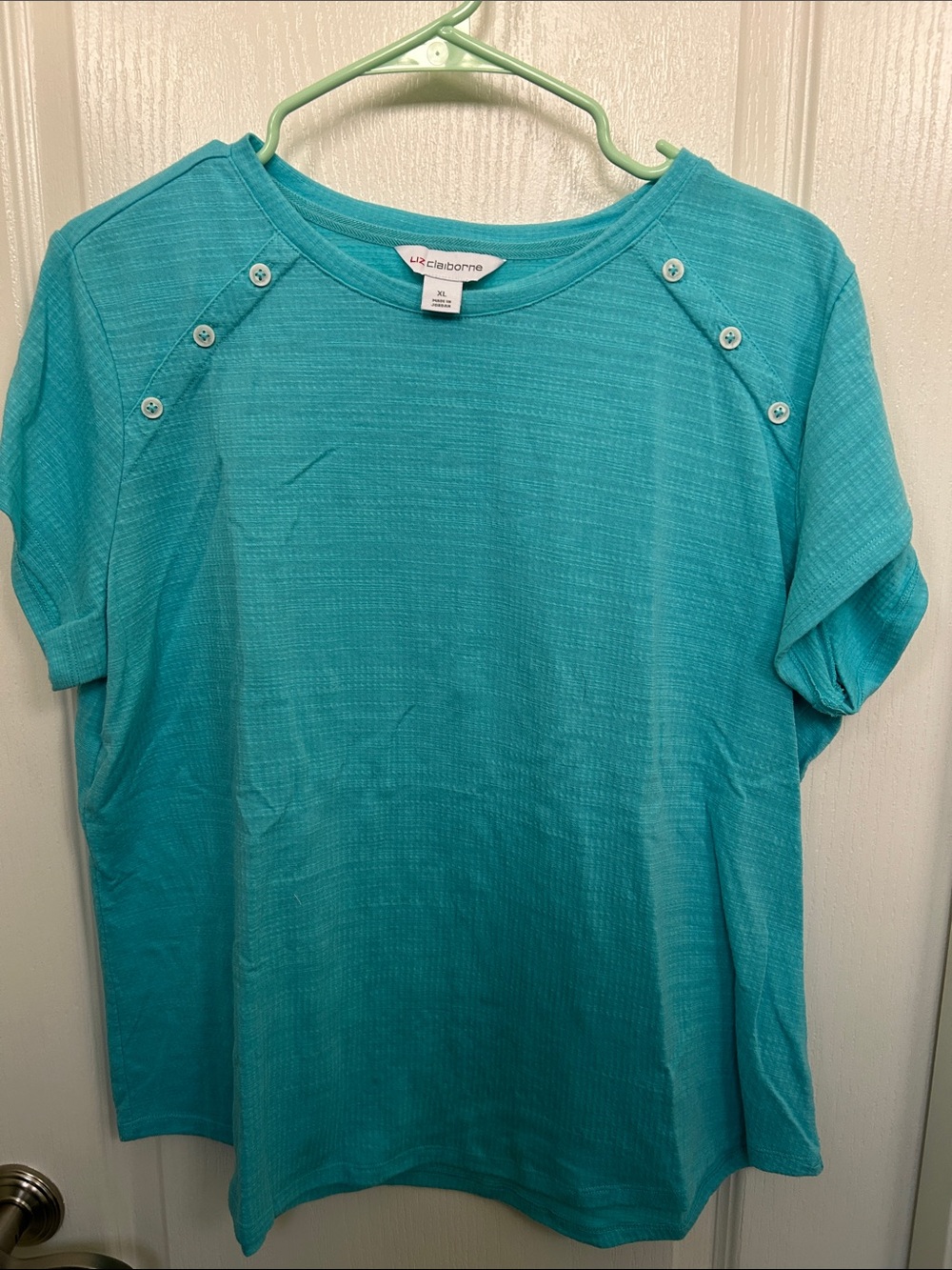 Liz Claiborne Teal Short Sleeve Button-Shoulder Top